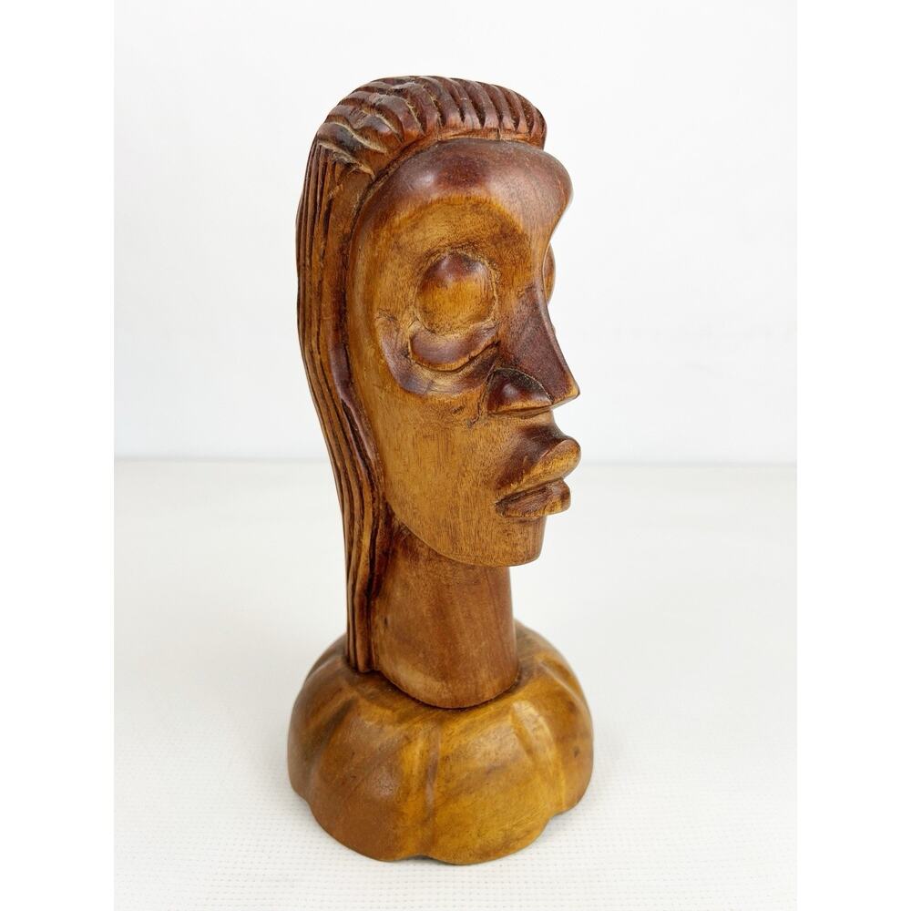Vintage Hand Carved Wooden Man Bust Features Brown Heavy 11.5” Tall Scallop Base